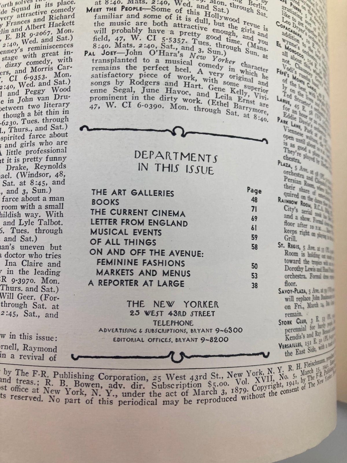 Interior page from The New Yorker Magazine March 15, 1941 listing departments in this issue, highlighting articles on art galleries, cinema, and musical events, providing a glimpse into the magazine's diverse content.