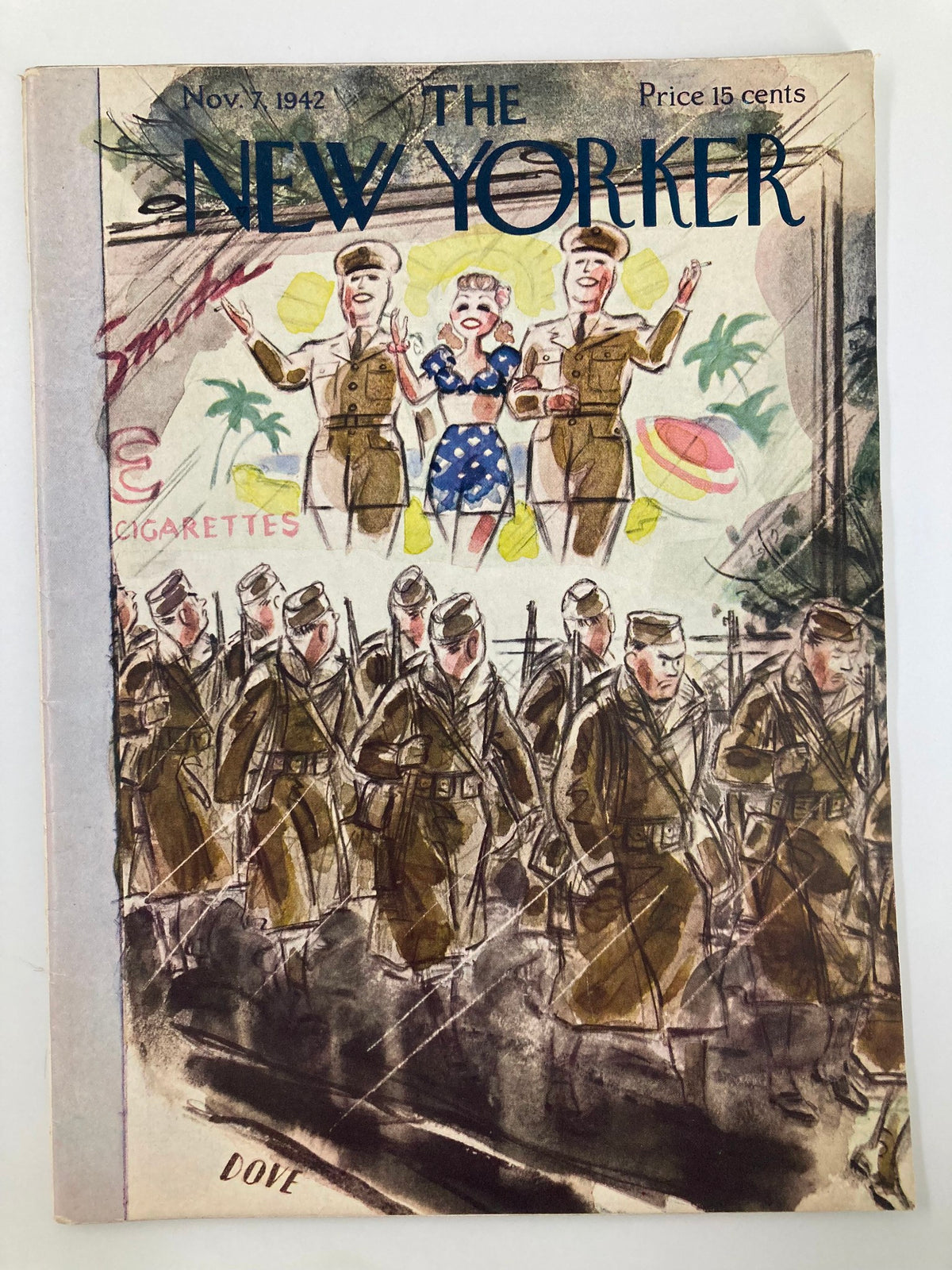 Cover of The New Yorker Magazine, November 7, 1942, featuring the illustration titled 'Join The Army' by Leonard Dove, depicting soldiers and a vibrant scene.