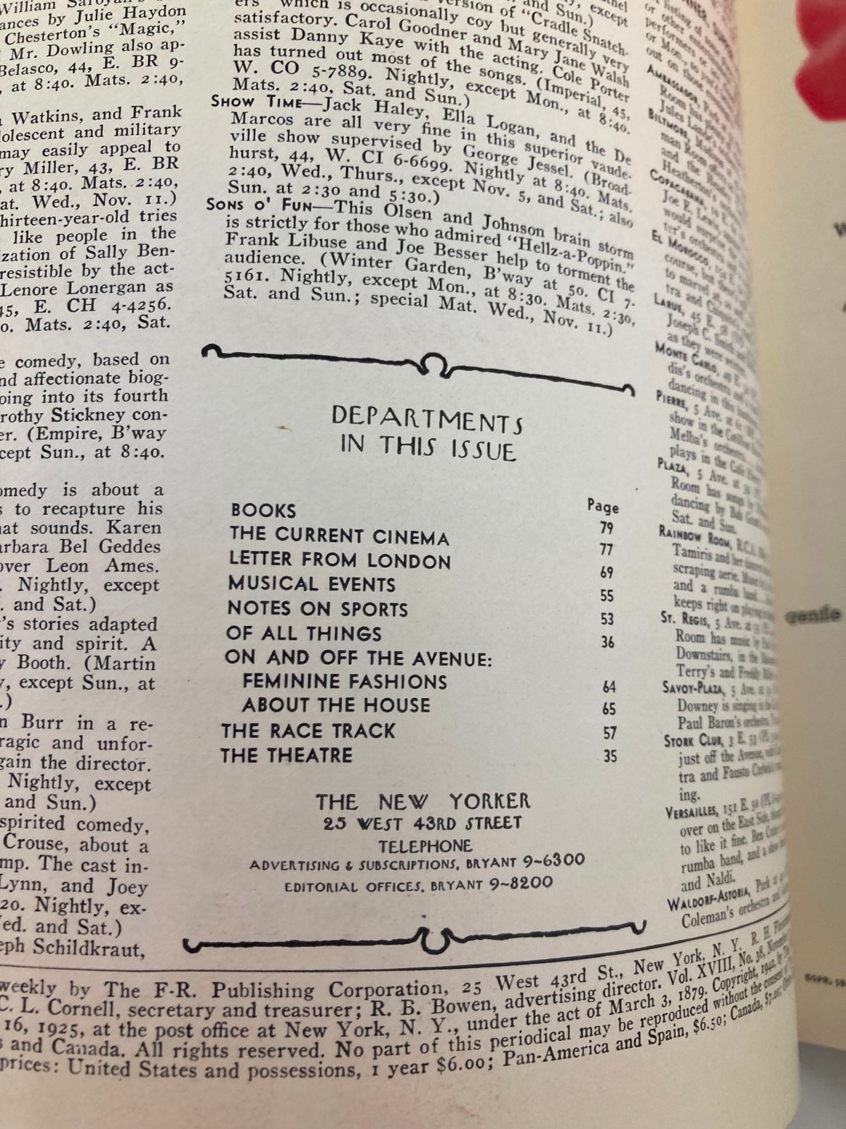 Interior page from The New Yorker Magazine, November 7, 1942, showcasing the table of contents with various articles and features from the edition.