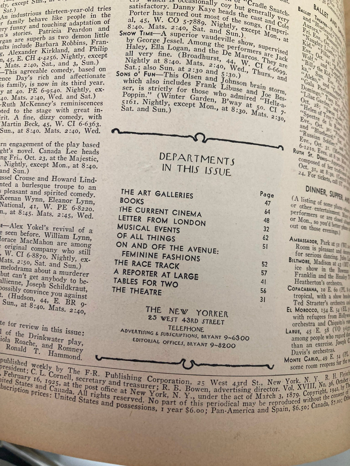 Interior page from The New Yorker Magazine, October 24, 1942, listing contents and departments of this vintage issue, showcasing various article topics and cultural insights of the 1940s.