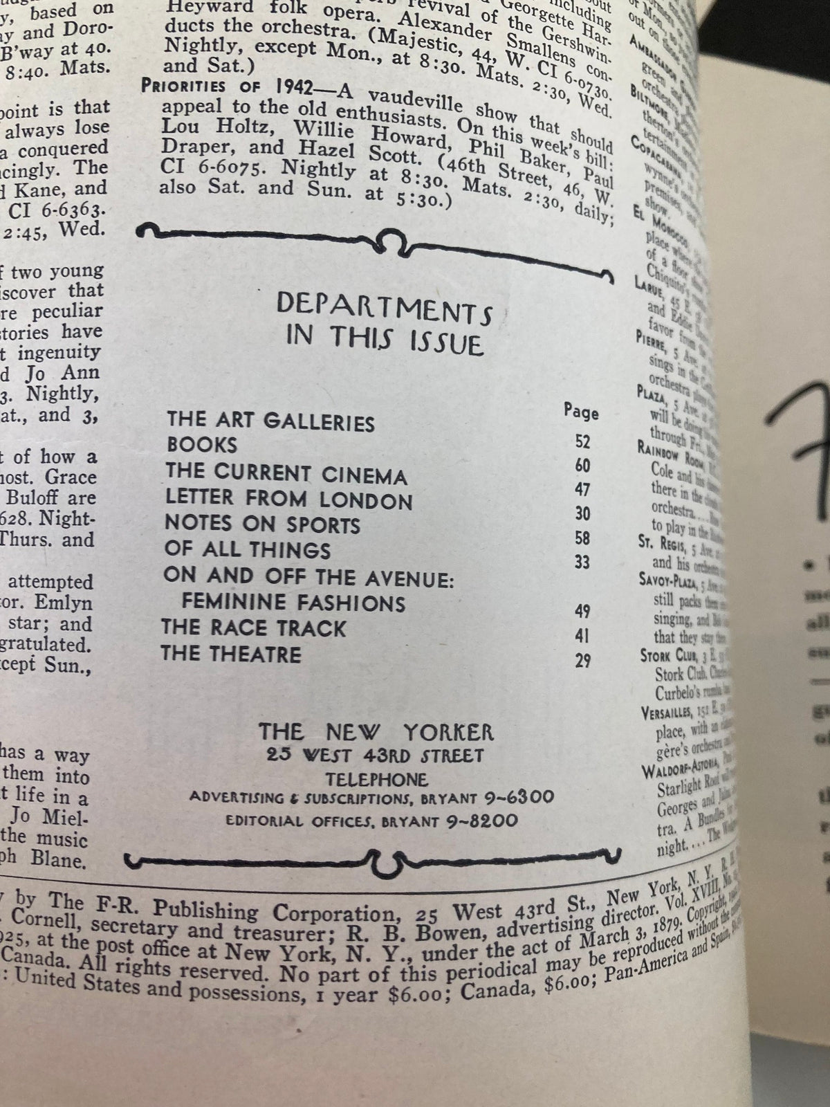 The New Yorker Magazine May 16 1942 interior page highlighting the departments in this issue, including art galleries, books, and the current cinema.