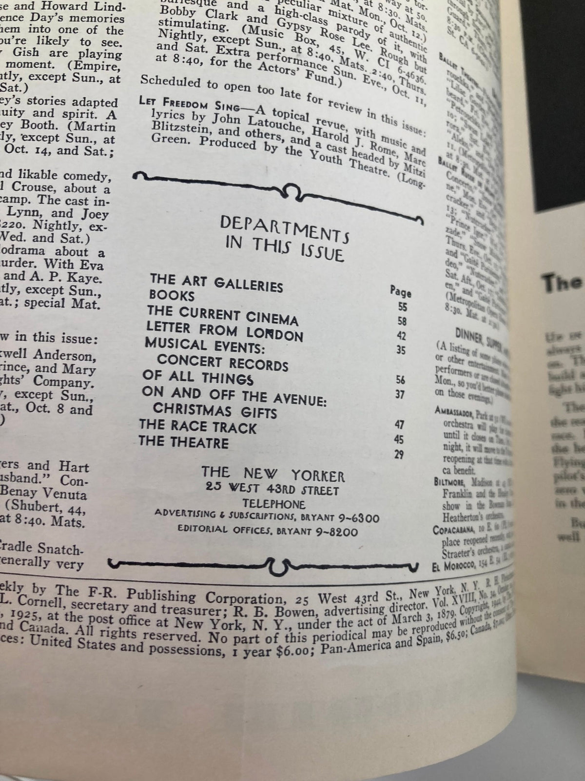 The New Yorker Magazine October 10, 1942 showcasing an interior page featuring department listings, including 'The Art Galleries', 'Books', and 'The Current Cinema'. This historic magazine is a collectible representation of mid-20th century publishing.