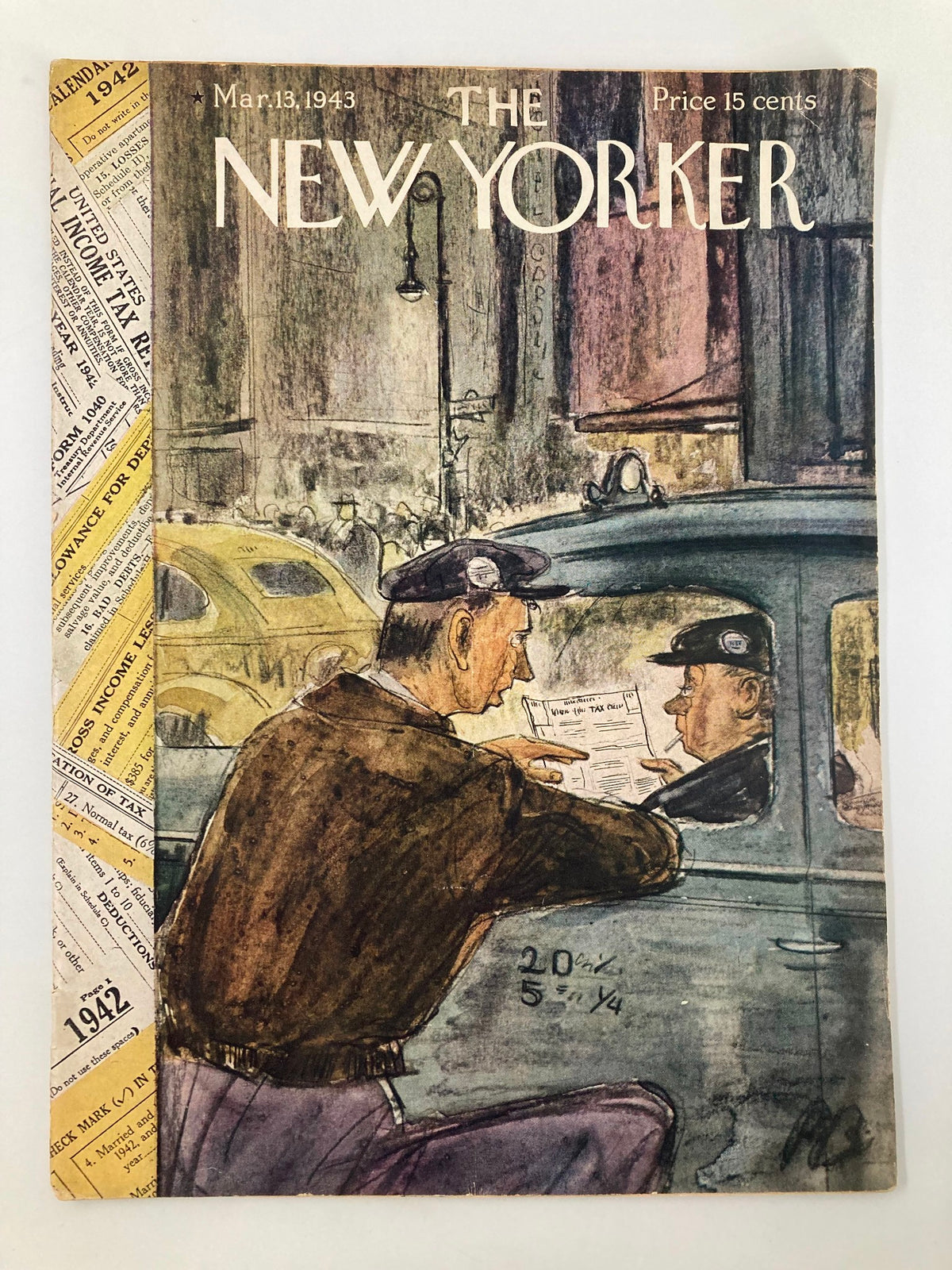 Cover of The New Yorker Magazine March 13, 1943 featuring an illustration of two men discussing an income tax form by Perry Barlow, showcasing vintage artwork and historical significance.