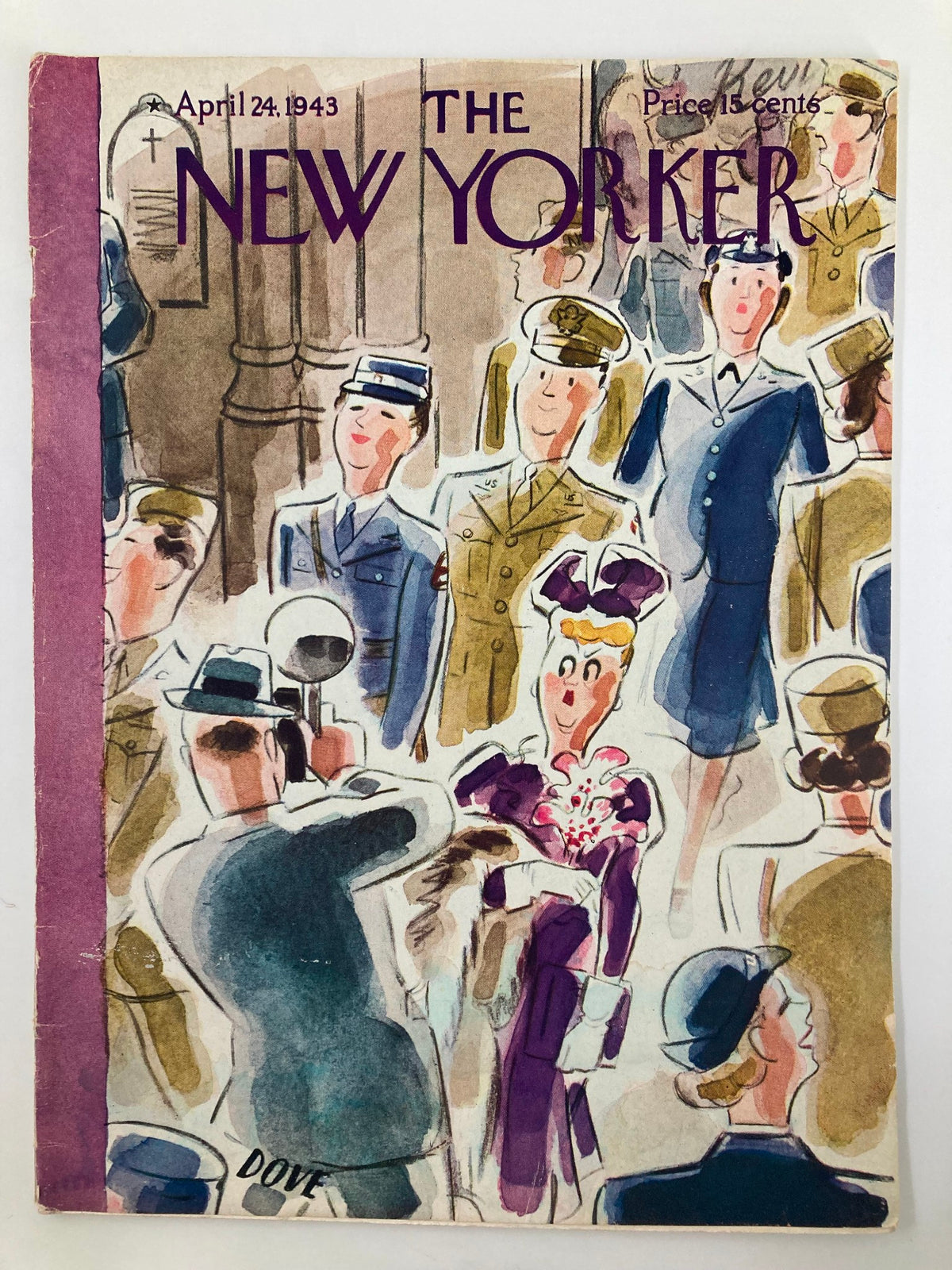 Cover of The New Yorker Magazine from April 24, 1943, featuring a colorful illustration by Leonard Dove, depicting elegantly dressed figures in a bustling scene, encapsulating mid-century American culture.