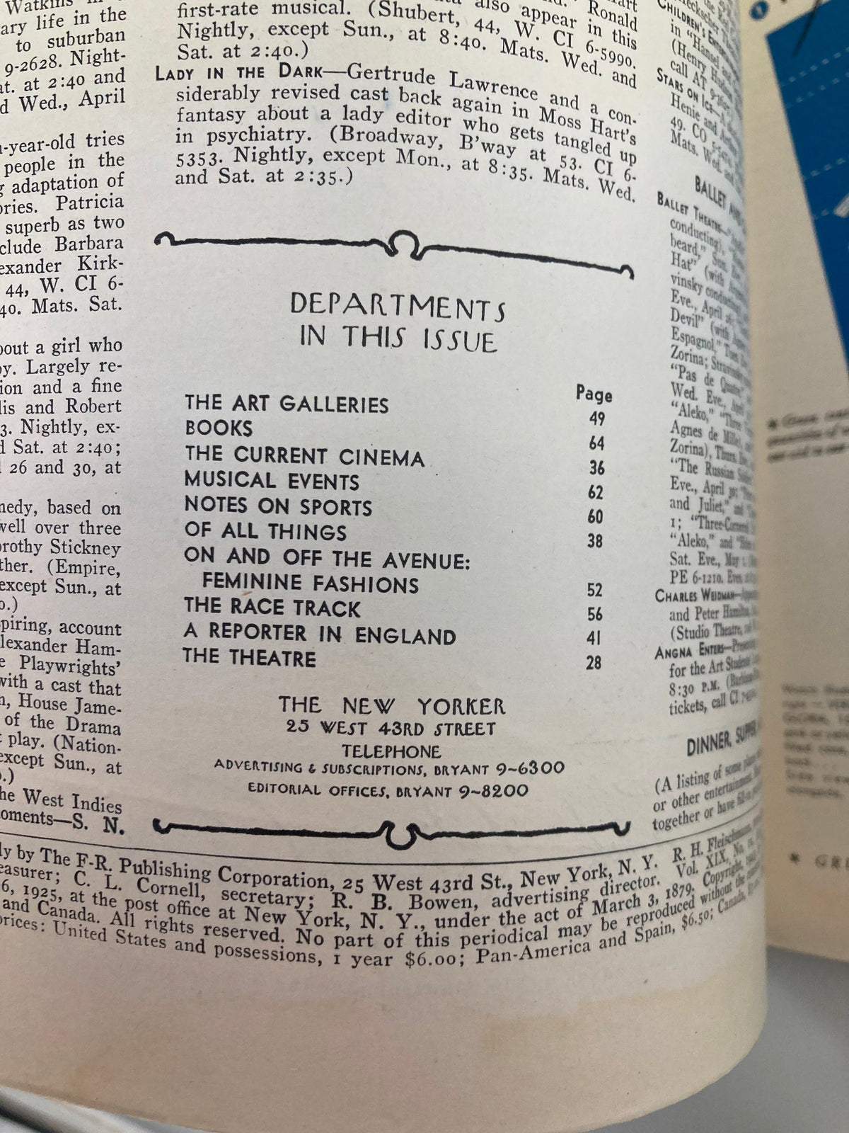 Departments listed in The New Yorker Magazine April 24 1943 featuring various sections including The Art Galleries, Books, Current Cinema, Musical Events, and Theatre.