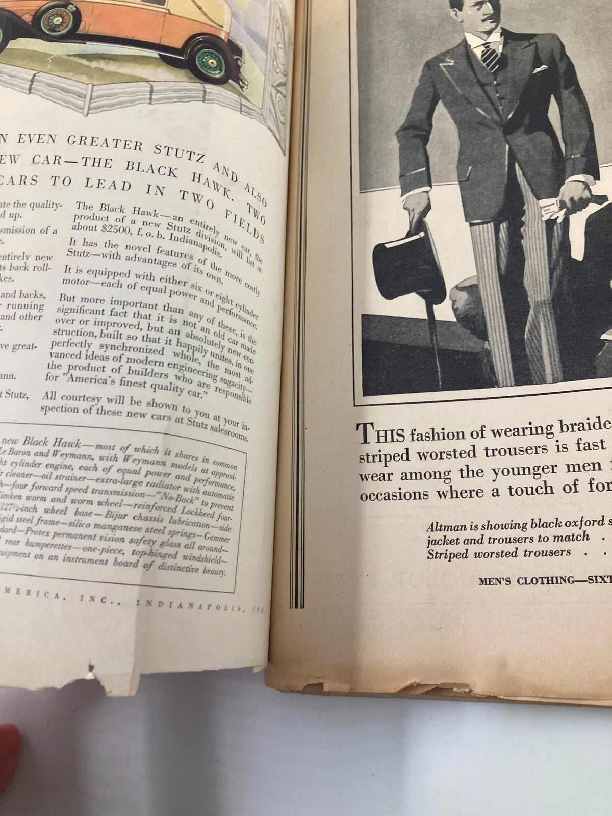 Interior page of The New Yorker Magazine January 5, 1929 showcasing an advertisement for the Black Hawk car with stylish vintage fashion.