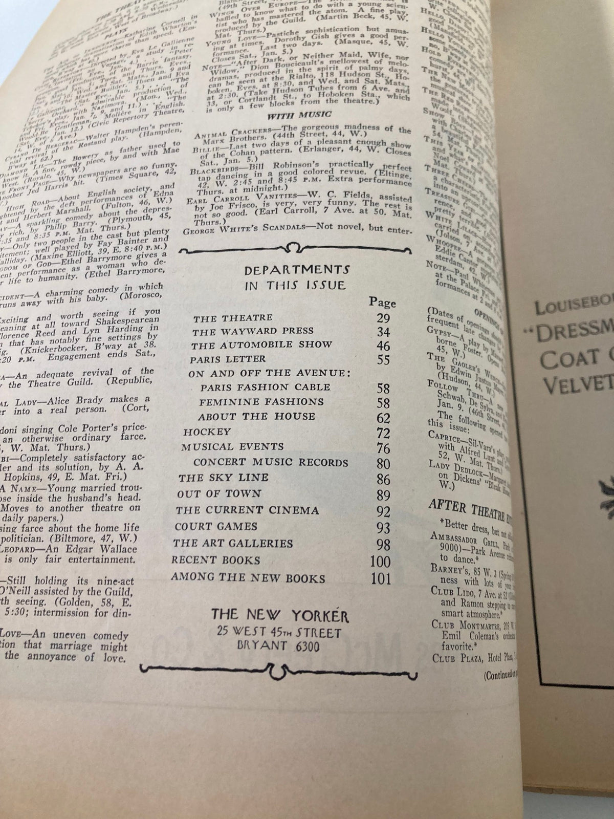 Contents page of The New Yorker Magazine January 5, 1929 listing various departments and articles, reflecting the literary style of the 1920s.