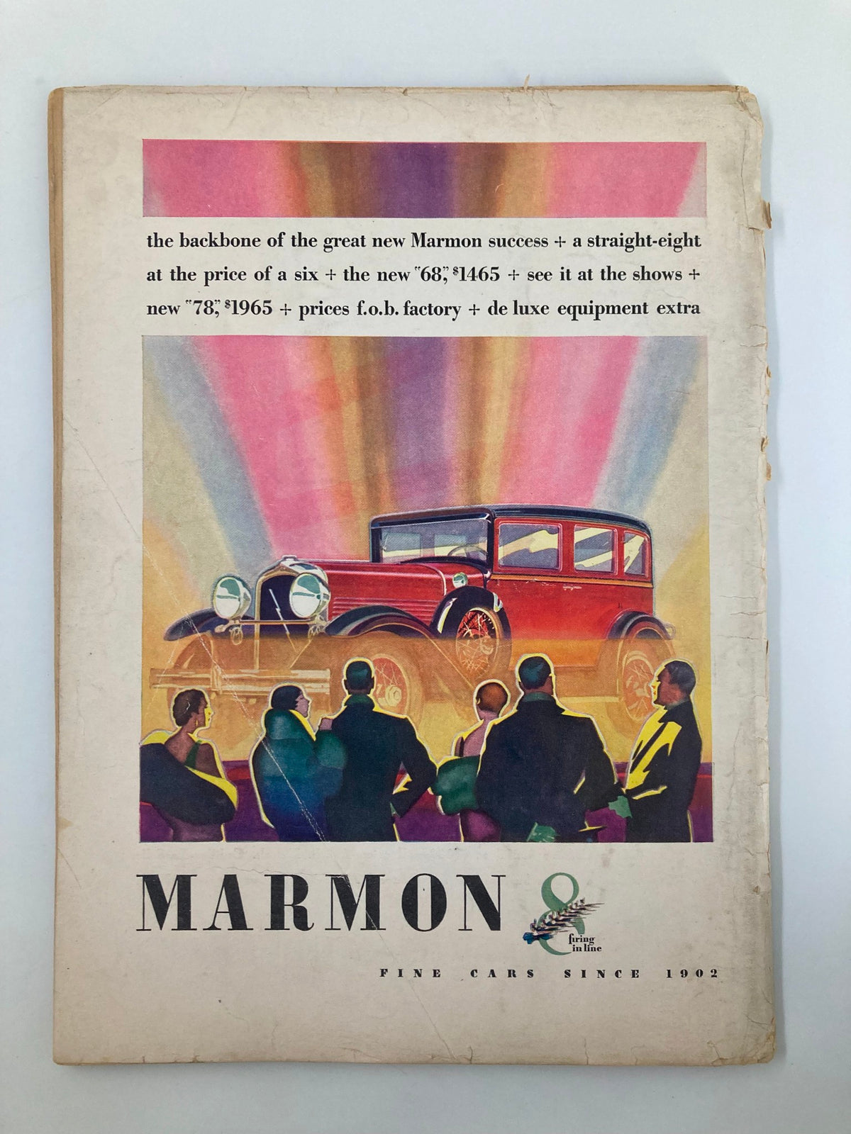 Advertisement page in The New Yorker Magazine January 5, 1929 promoting Marmon cars, featuring striking vintage artwork.