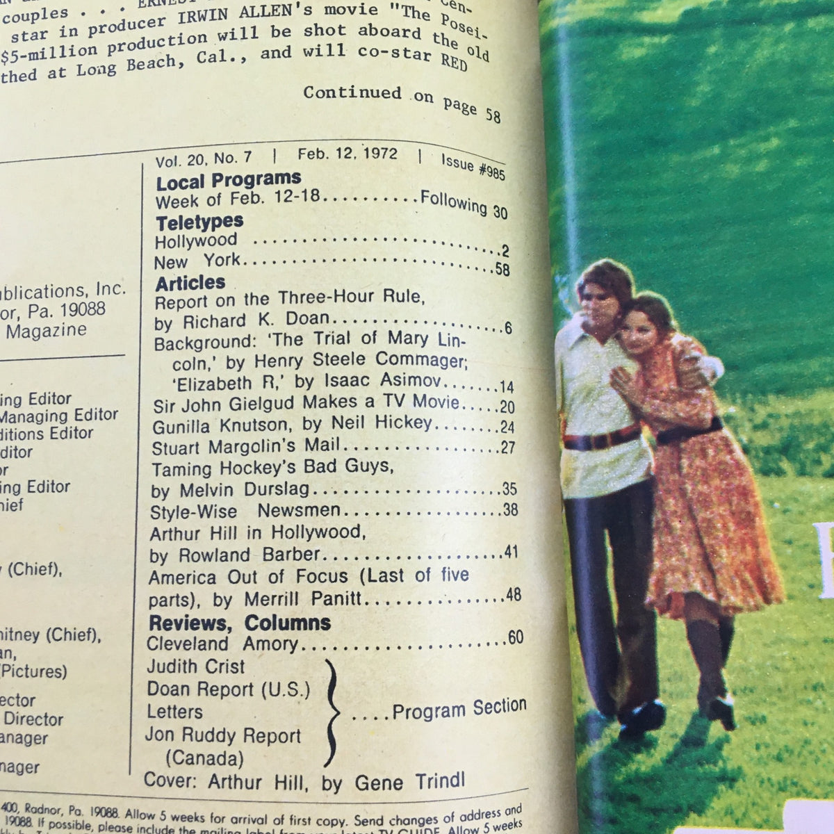 Inside page of TV Guide Magazine February 12, 1972, detailing articles and programming schedule, including a feature on Arthur Hill and the cultural events of the period.