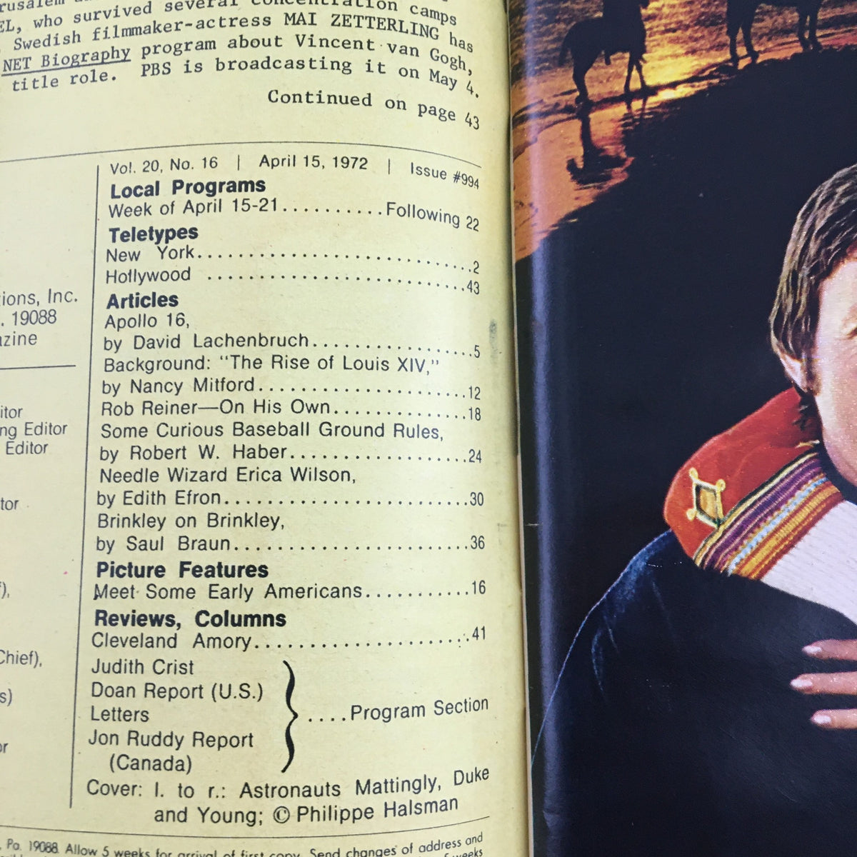 Interior page of TV Guide Magazine April 15 1972 with a table of contents including articles about Apollo 16 and various television programs.