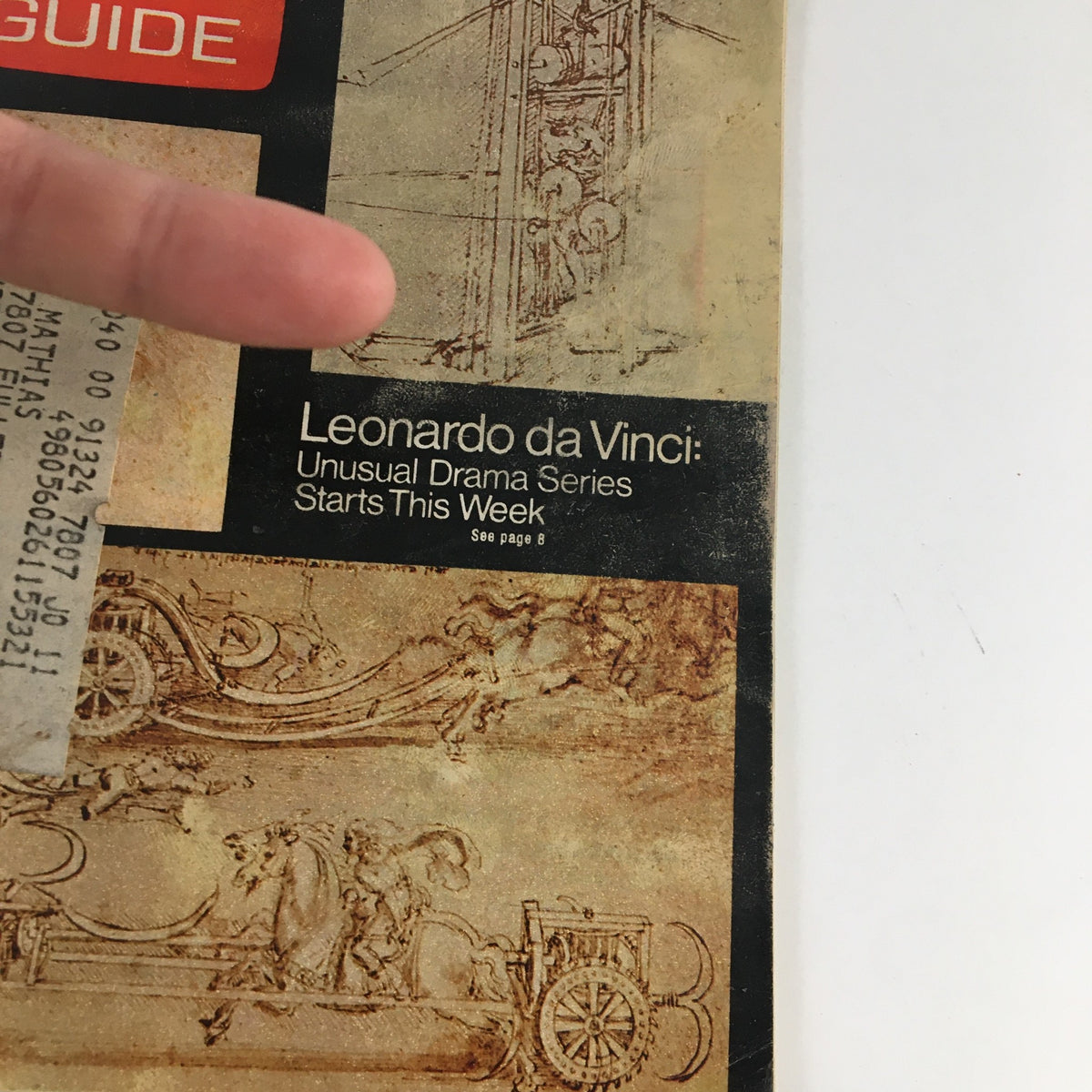 Close-up of the cover of TV Guide Magazine August 12, 1972 showing Leonardo da Vinci's sketches and promotional text about the series.