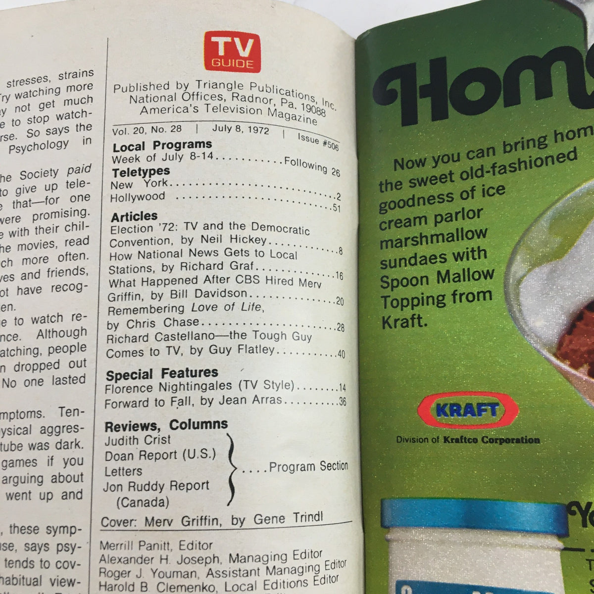 Inside page of TV Guide Magazine July 8 1972, highlighting articles and local television programs. This page features a table of contents and advertisements characteristic of the era.