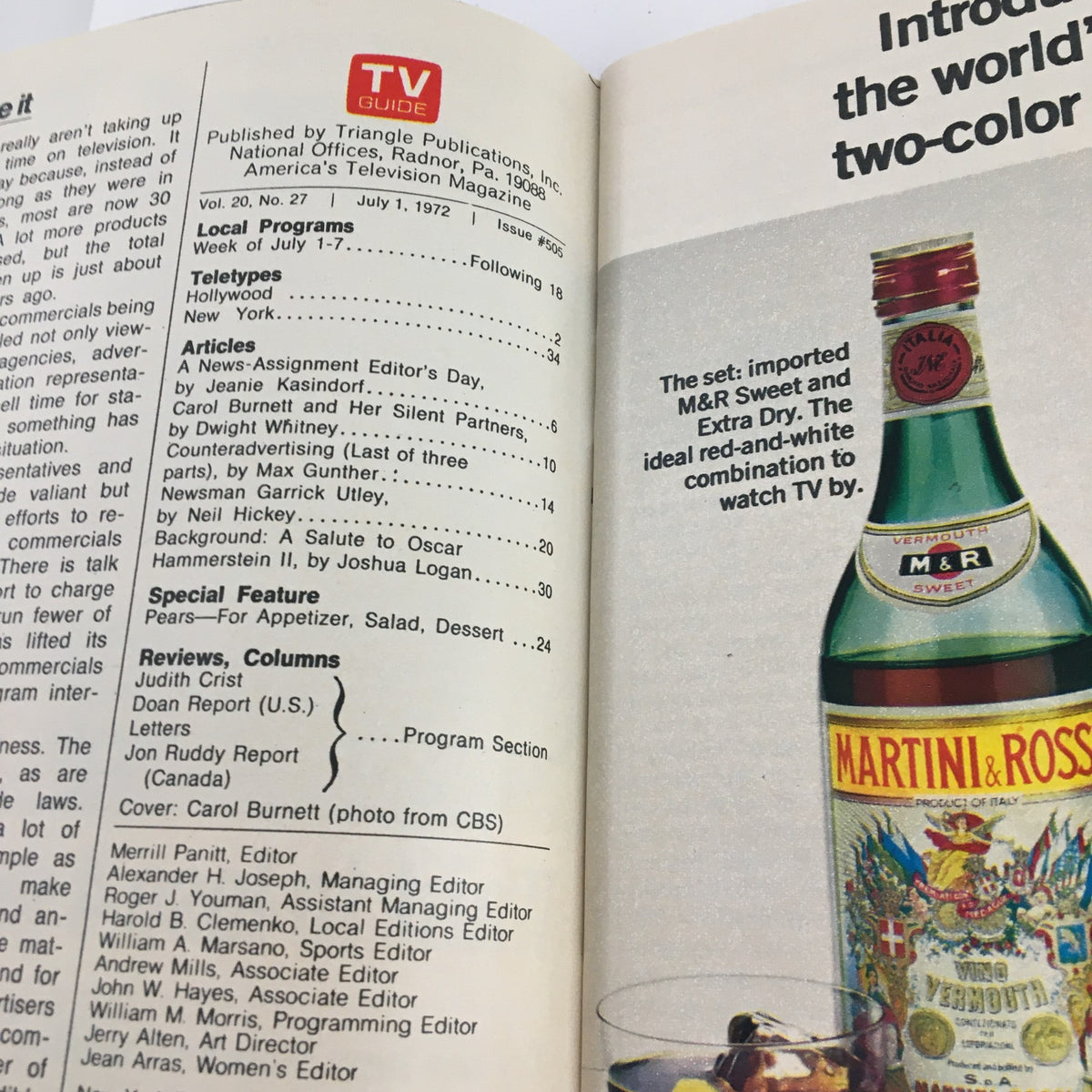 Interior page of TV Guide Magazine from July 1, 1972 featuring an advertisement for M&R vermouth and details about the magazine's content, including articles on Carol Burnett and local programming. Title: TV Guide Magazine July 1 1972 Carol Burnett No Longer Running Scared LA Edition.