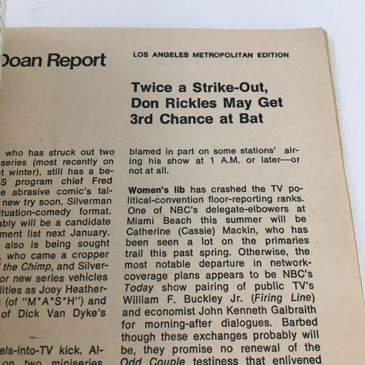Doan Report section of TV Guide Magazine from July 1, 1972 discussing television industry news, including updates on Don Rickles and commentary on women's representation in media. Title: TV Guide Magazine July 1 1972 Carol Burnett No Longer Running Scared LA Edition.