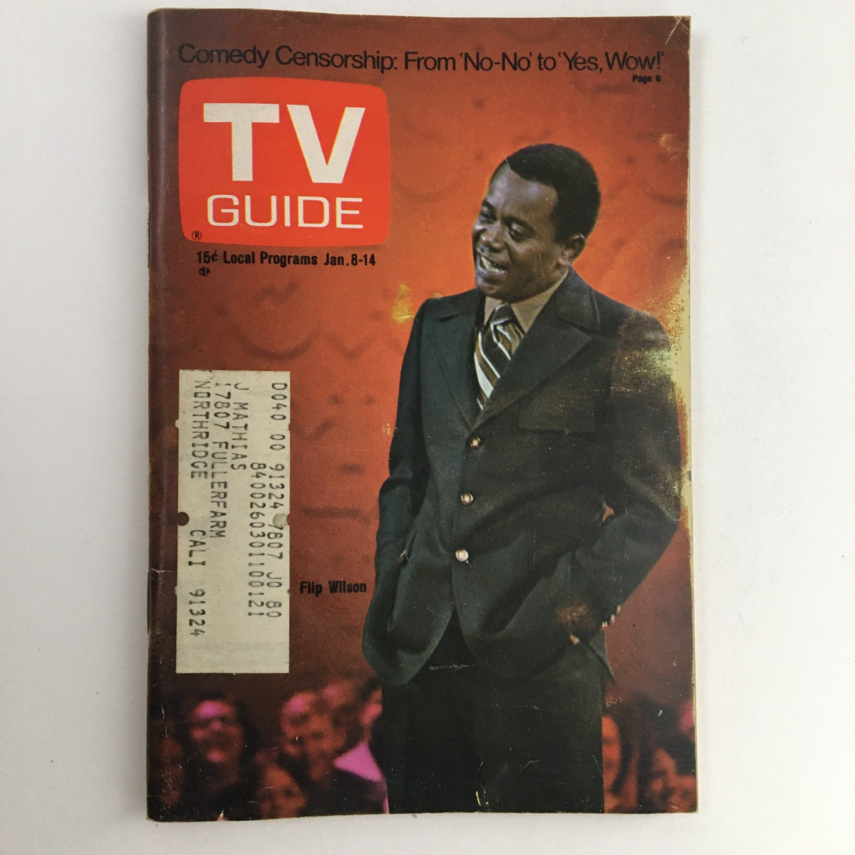 TV Guide Magazine January 8 1972 featuring Flip Wilson on the cover, discussing comedy censorship. A vintage magazine displaying the classic TV Guide logo and unique cover story on entertainment history.