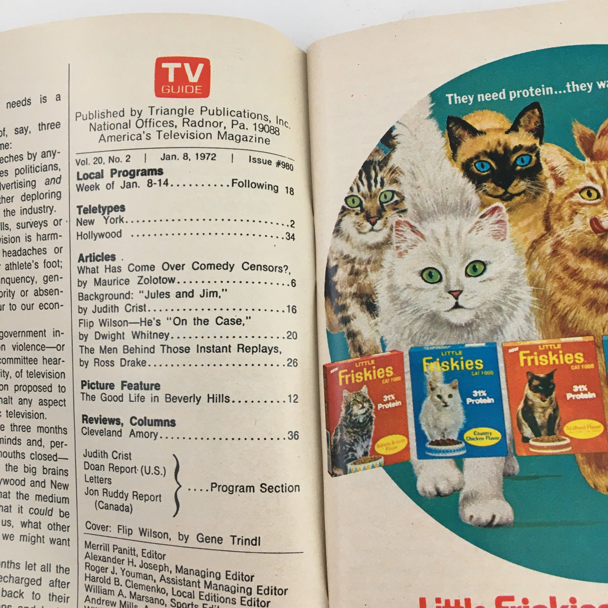 Interior page of TV Guide Magazine January 8 1972, displaying local program listings and featured articles including comedy censorship.