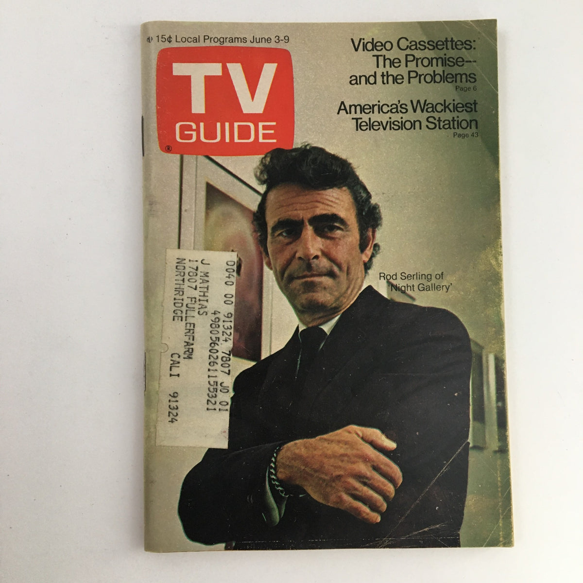 Cover of TV Guide Magazine from June 3, 1972 featuring Rod Serling of Night Gallery. The magazine highlights video cassettes and America's wackiest television stations.