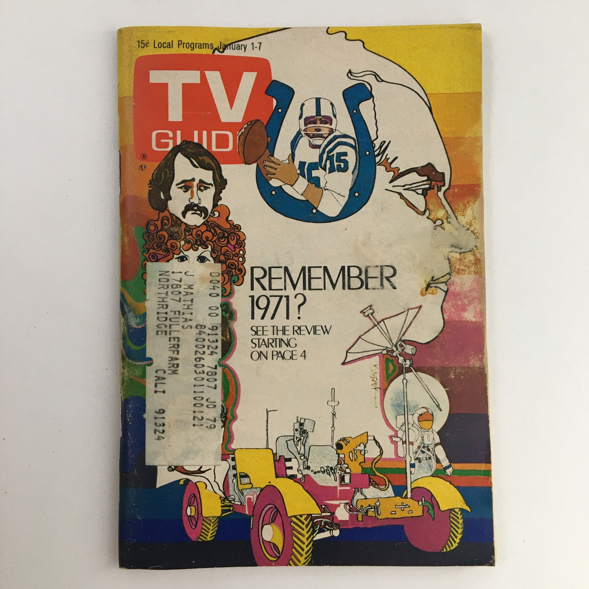 Cover of TV Guide Magazine January 1, 1972 featuring the title 'Remember 1971?' with illustrations representing classic television shows and cultural icons from the early 70s.
