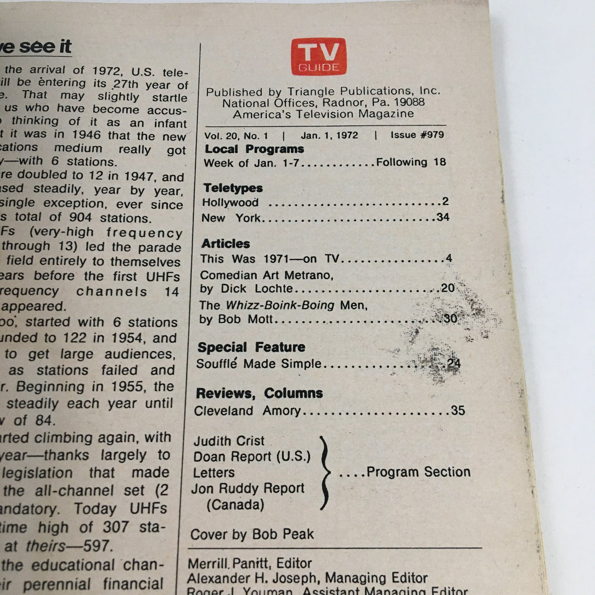 Inside page of TV Guide Magazine January 1, 1972 displaying a table of contents, including articles and segments about television programming from the previous year.