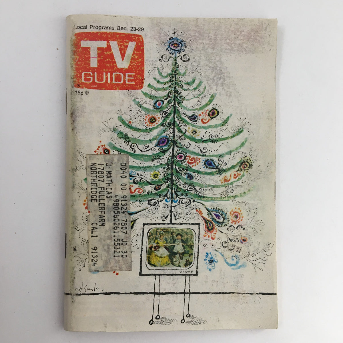 Cover of TV Guide Magazine December 23, 1972 featuring a colorful Christmas tree design and a vintage television design, representing the Los Angeles edition titled 'A Treat for Sightless Children.'
