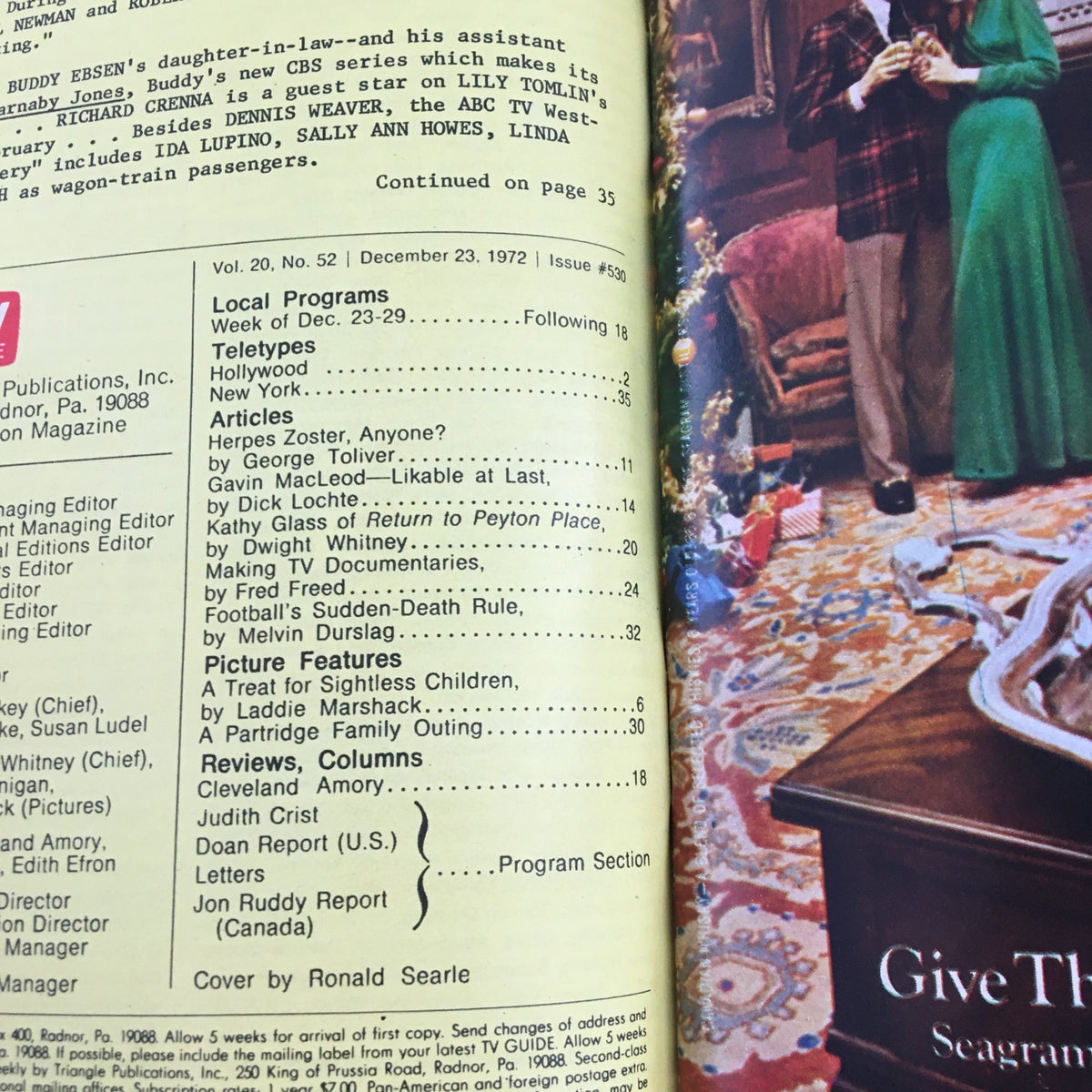 Interior page featuring the local programs and articles from TV Guide Magazine December 23, 1972, highlighting a treat for sightless children and other television insights.