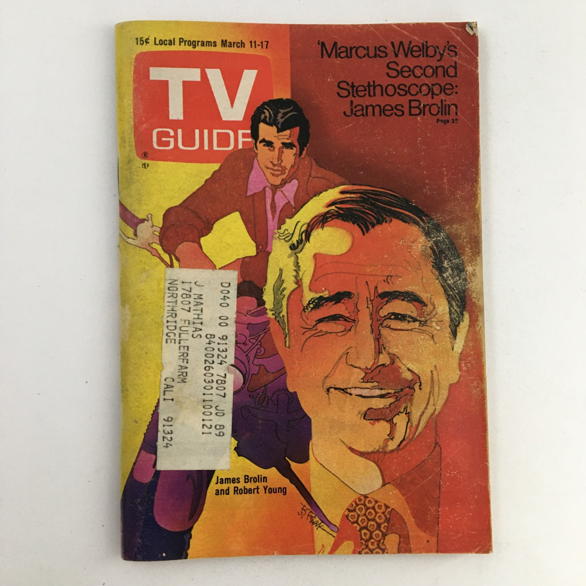 TV Guide Magazine March 11 1972 featuring James Brolin and Robert Young on the cover, showcasing colorful artwork and vintage appeal with an address label.