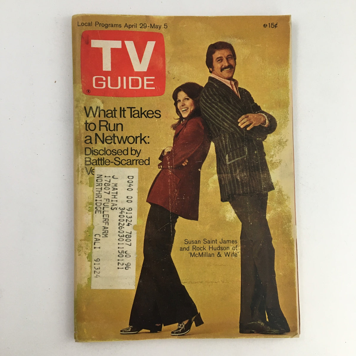 Cover of TV Guide Magazine, dated April 29, 1972, featuring Susan Saint James and Rock Hudson, showcasing the title 'What It Takes to Run a Network: Disclosed by Battle-Scarred' in an L.A. edition.
