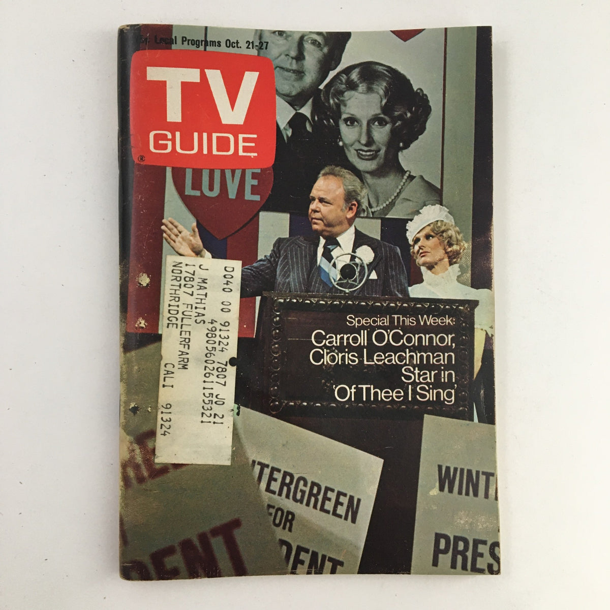 TV Guide Magazine from October 21, 1972, featuring Carroll O'Connor and Cloris Leachman on the cover, highlighting shows and entertainment culture of the era.