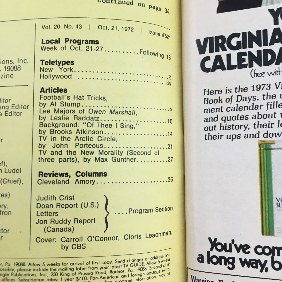 Inside page of TV Guide Magazine October 21, 1972, showcasing articles and programs, including mentions of Carroll O'Connor and Cloris Leachman.
