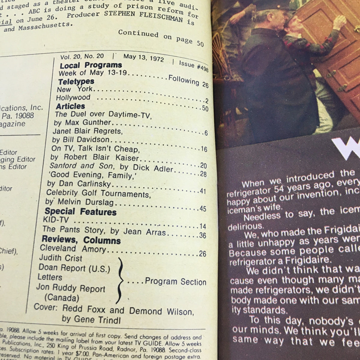 Inside page of TV Guide Magazine May 13, 1972 listing articles and special features related to Redd Foxx and Demond Wilson, capturing TV history.
