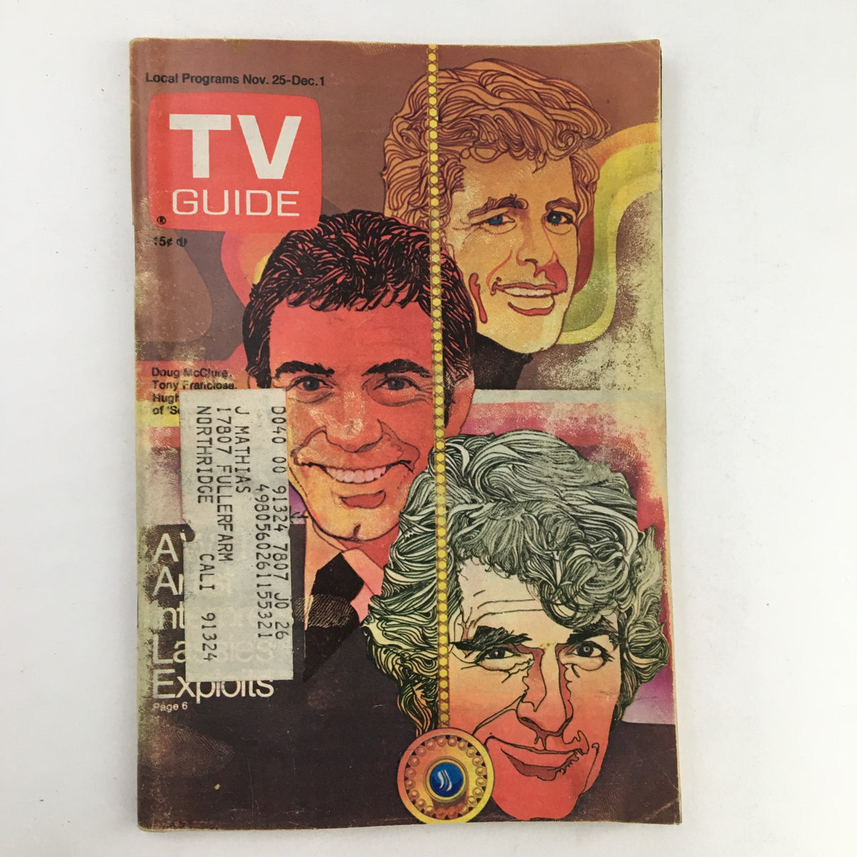Cover of TV Guide Magazine November 25 1972 featuring Doub McClure & Tony Franciosa - L.A. Edition with colorful illustrations of the actors.