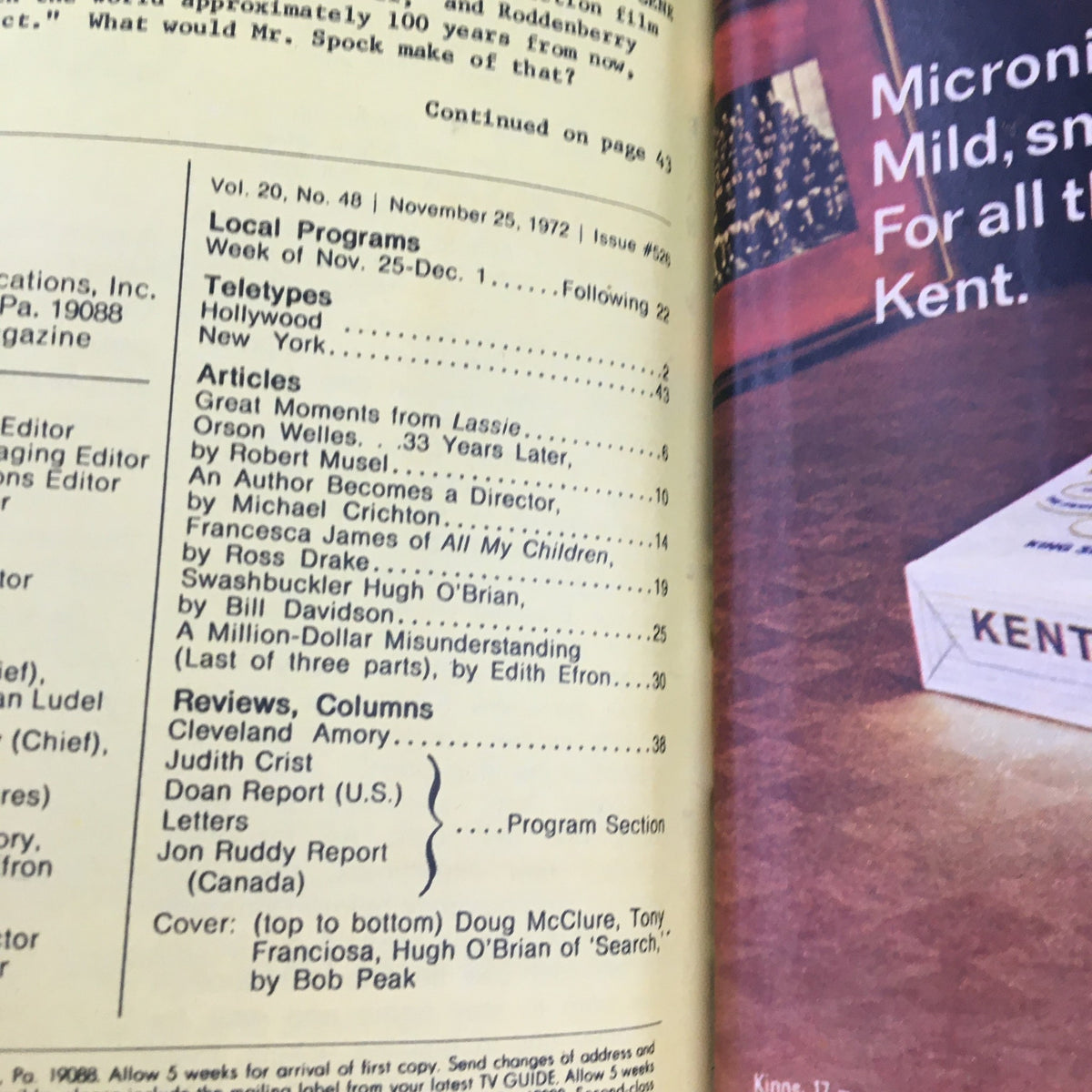 Inside page of TV Guide Magazine November 25, 1972 featuring program listings and articles highlighting television history from that era.