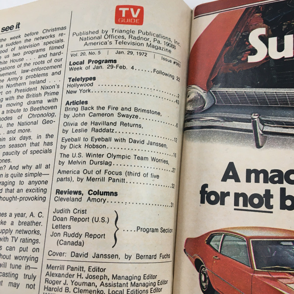 Interior page of TV Guide Magazine, January 29 1972, featuring local programs and articles including 'Eyeball with David Janssen' and reviews, showcasing the entertainment landscape of the early 1970s.
