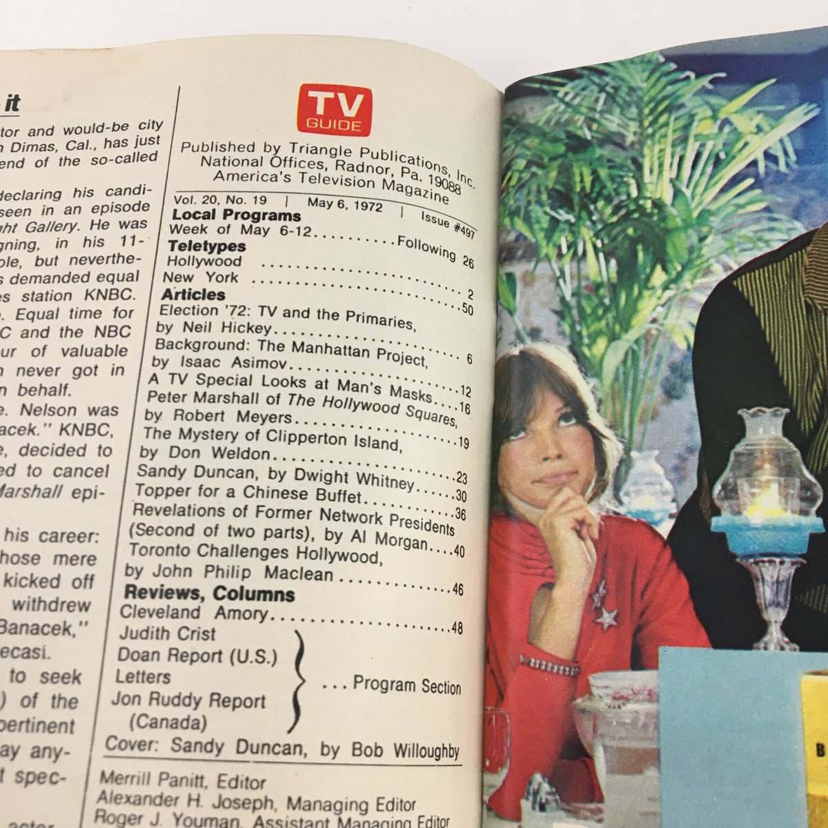 Interior page of TV Guide Magazine May 6 1972 showcasing articles and features, including Sandy Duncan as the cover star, reflecting television culture of the early 1970s.