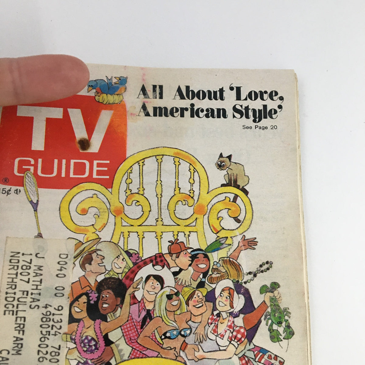 Close-up view of the cover of TV Guide Magazine July 29, 1972 showcasing 'Love American Style' with playful artwork and a price tag.