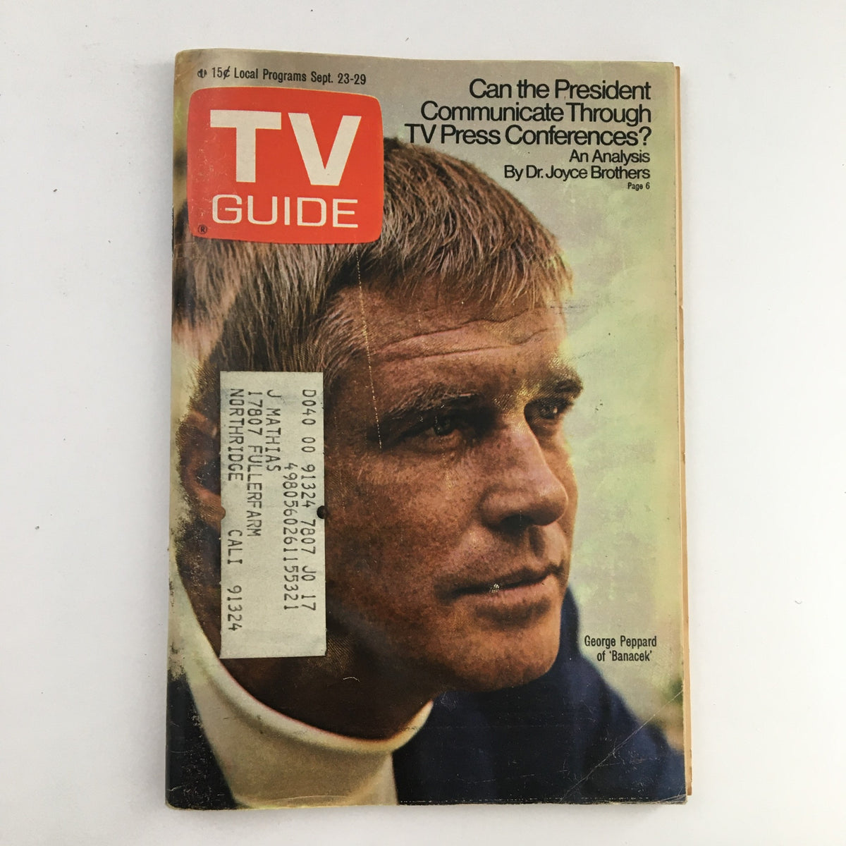 Cover of TV Guide Magazine September 23, 1972 featuring George Peppard of 'Banacek', showcasing a vintage design and highlights from classic television.