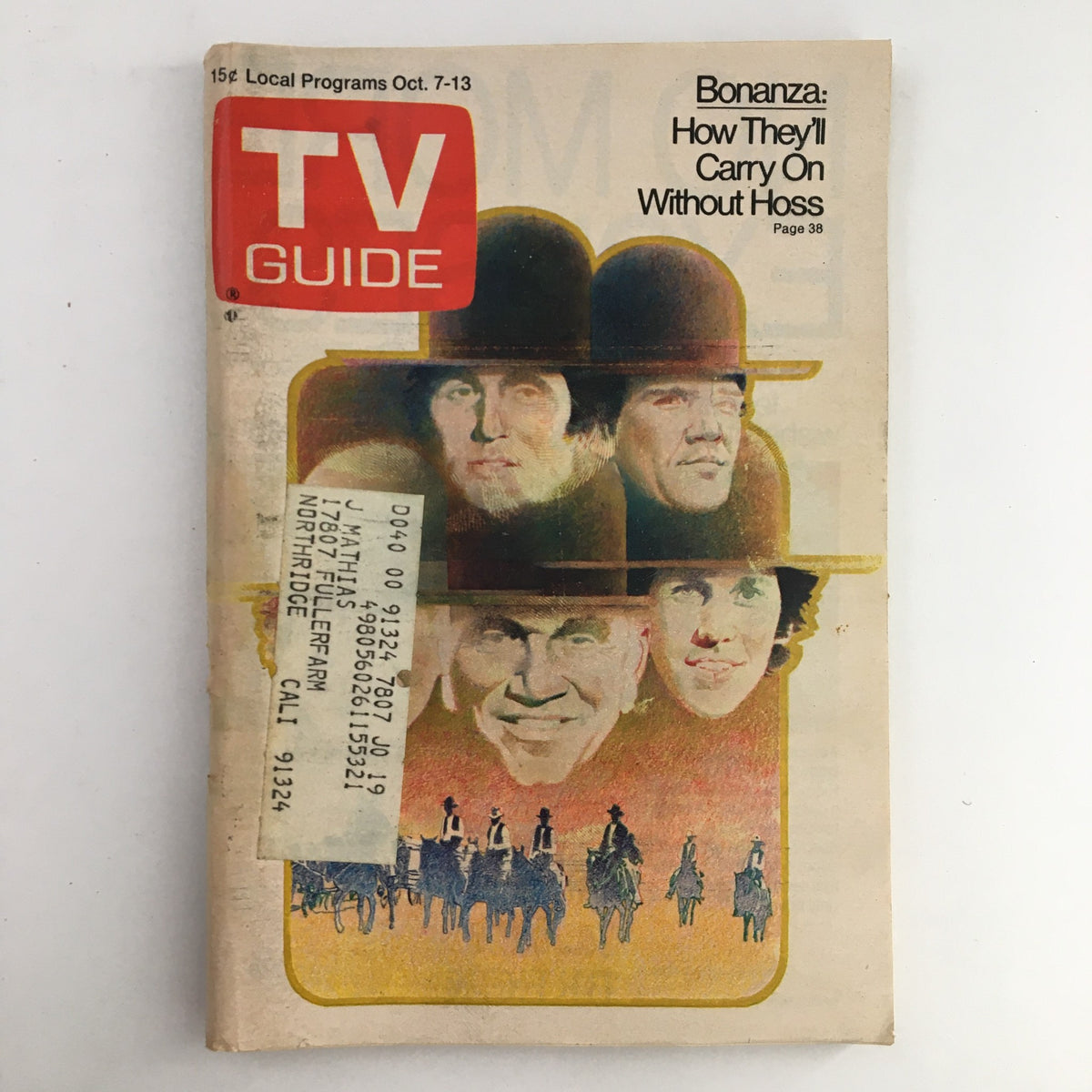 Cover of TV Guide Magazine dated October 7, 1972, featuring Michael Landon and David Canary, showcasing Bonanza with crew members on horseback and a vintage design.