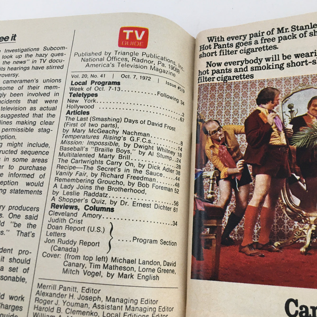 Interior page of TV Guide Magazine from October 7, 1972, listing articles and programs, including features on Michael Landon and David Canary, with the magazine's classic layout.
