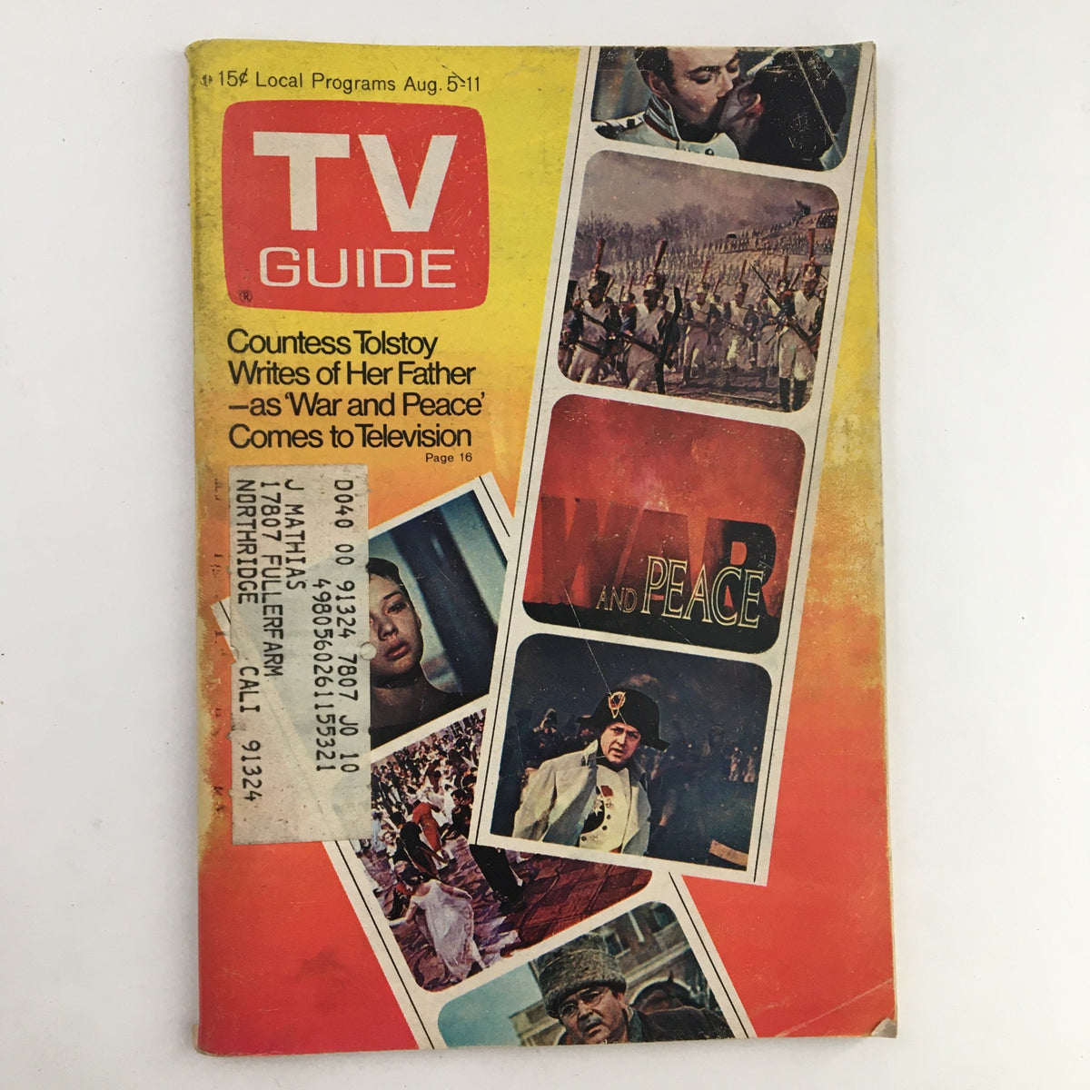 Cover of TV Guide Magazine August 9 1972 featuring Countess Tolstoy's article about her father as 'War and Peace' comes to television.