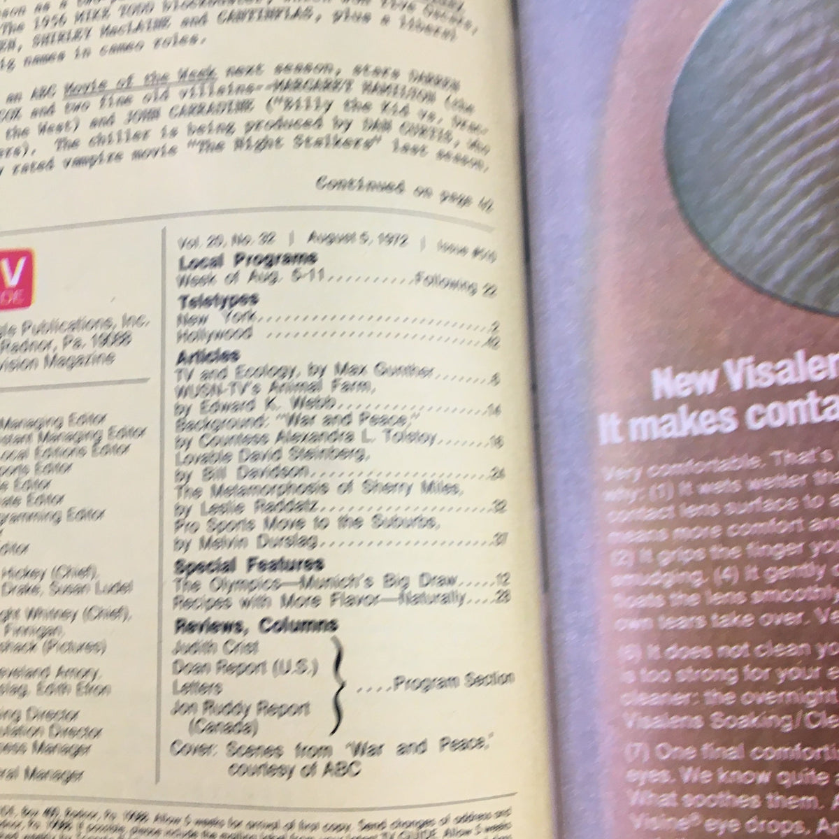 Inside page of TV Guide Magazine August 9 1972 showing the table of contents, including Countess Tolstoy's article.