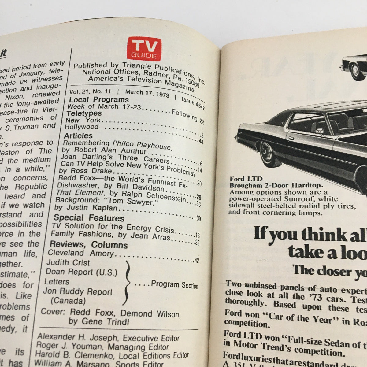 Inside page of TV Guide Magazine March 17, 1973 showing contents and articles, including features on Redd Foxx and Demond Wilson, illustrating the magazine's rich insights into 1970s pop culture.