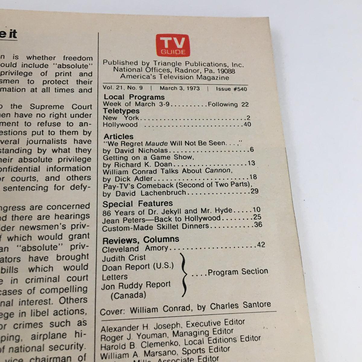Inside page of the TV Guide Magazine March 3 1973 displaying an article list and features, marking the magazine's vintage style and content layout.