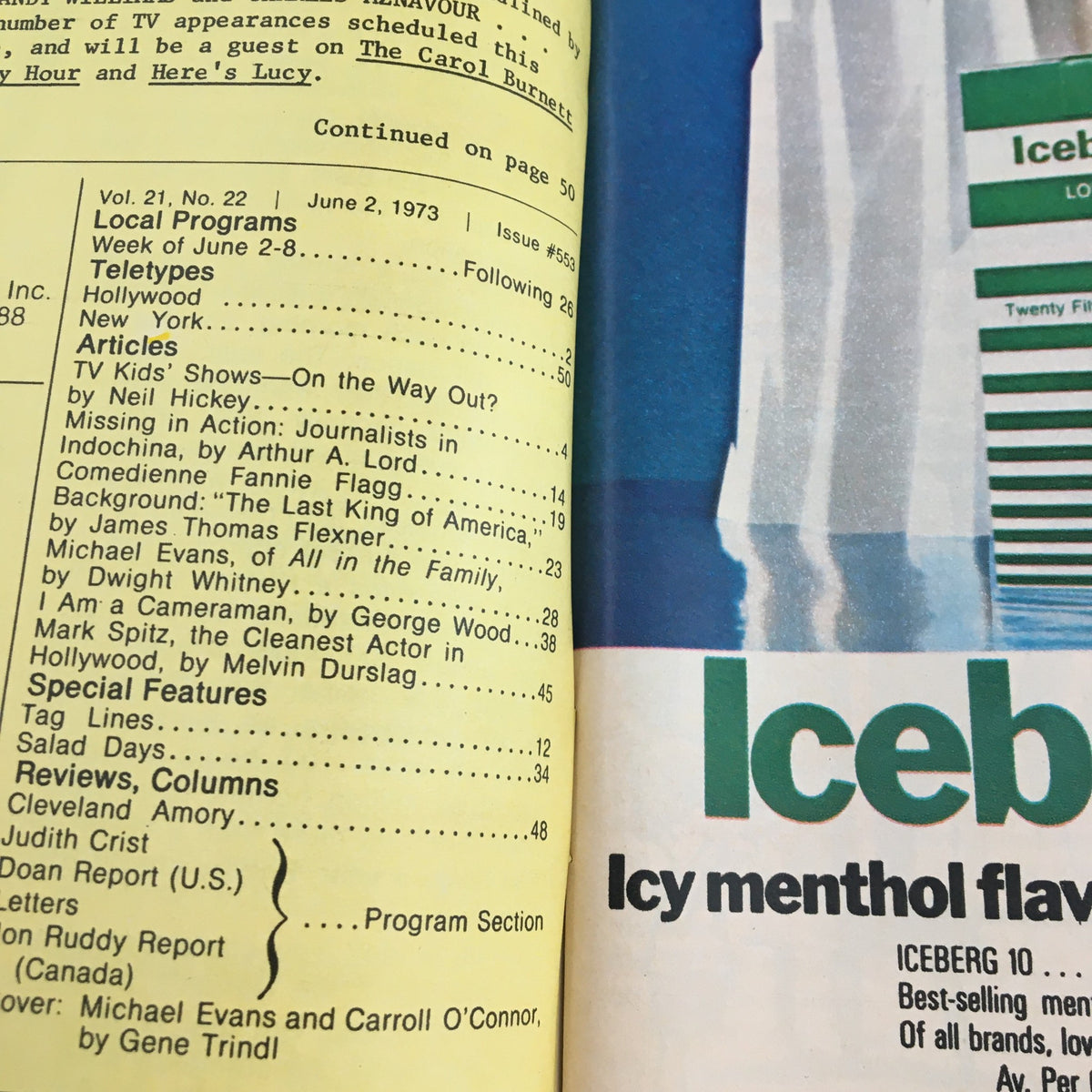 Details from the TV Guide Magazine June 2, 1973 highlighting articles and features including Michael Evans and Carroll O'Connor, providing insights into television programming of the era.