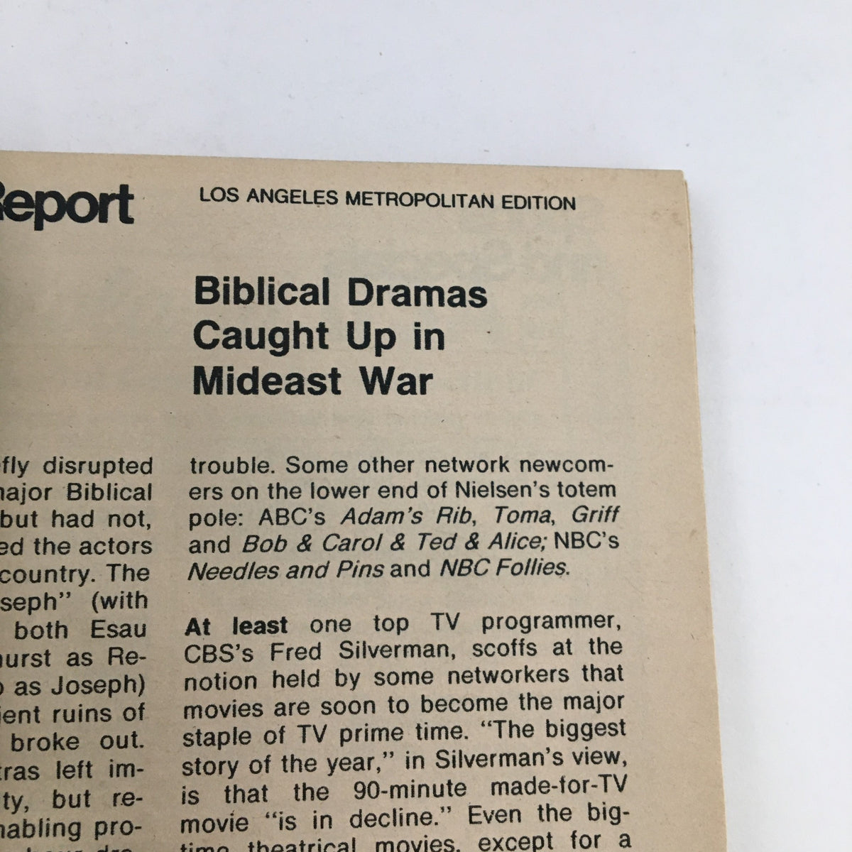 Page detail from TV Guide Magazine October 27 1973 discussing biblical dramas and television programming of the era, highlighting historical context.