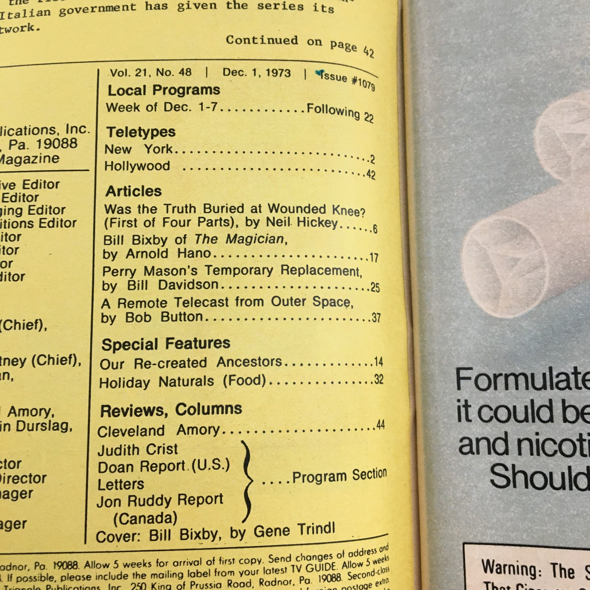 Table of contents from TV Guide Magazine, December 1, 1973, showcasing features about Bill Bixby and entertainment articles from the era.
