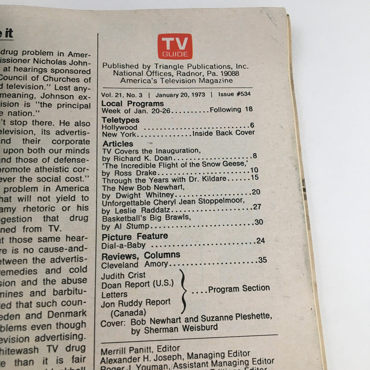 Inside page of the January 20, 1973 TV Guide Magazine detailing articles and television listings, including a focus on Bob Newhart and Suzanne Pleshette.