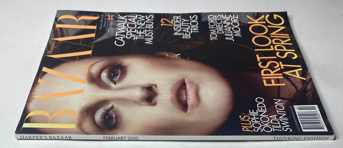Alternate view of Harper's Bazaar UK Magazine February 2010 featuring Julianne Moore on the cover with 'First Look at Spring' headline, highlighting fashion and beauty tips.