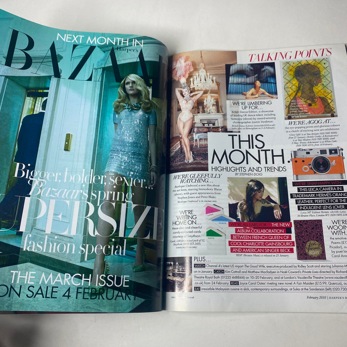 Spread from Harper's Bazaar UK Magazine February 2010 featuring a teaser for the next issue's fashion special and highlights of this month's trends, showcasing the glossy editorial style associated with Julianne Moore's cover edition.