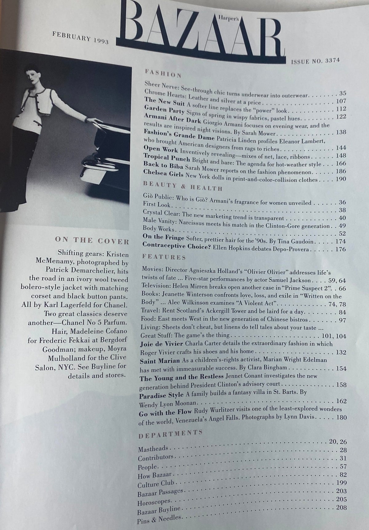 Contents page of Harper's Bazaar Magazine February 1993, detailing fashion features and articles including highlights from the Kristen McMenamy cover issue.