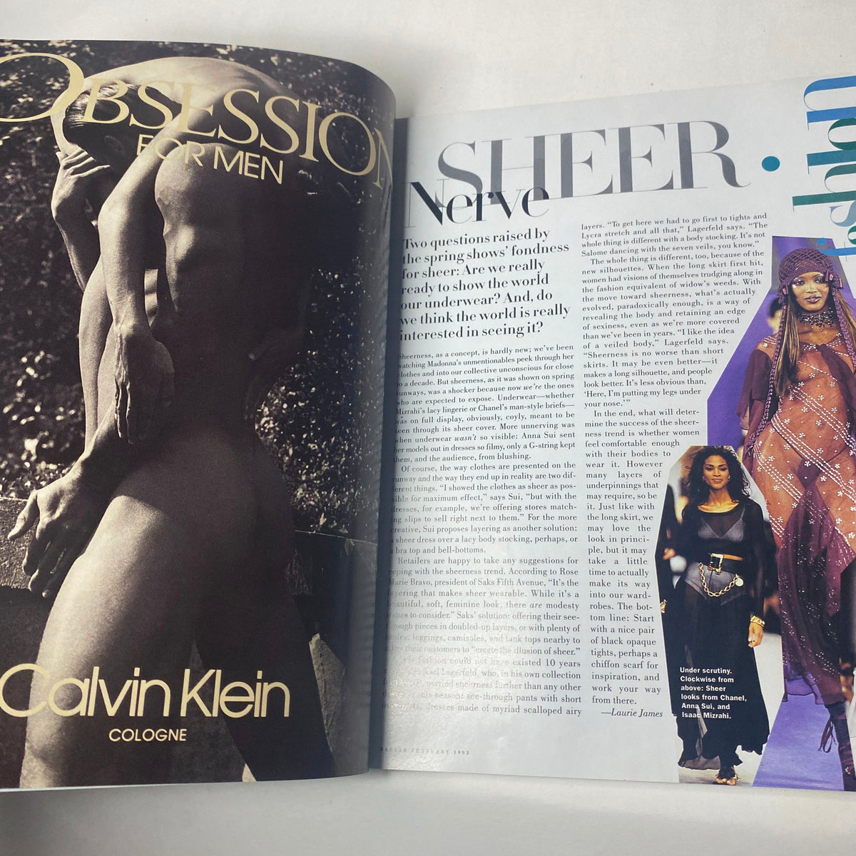 Harper's Bazaar Magazine February 1993 with a Calvin Klein advertisement for Obsession cologne, featuring a striking male model.